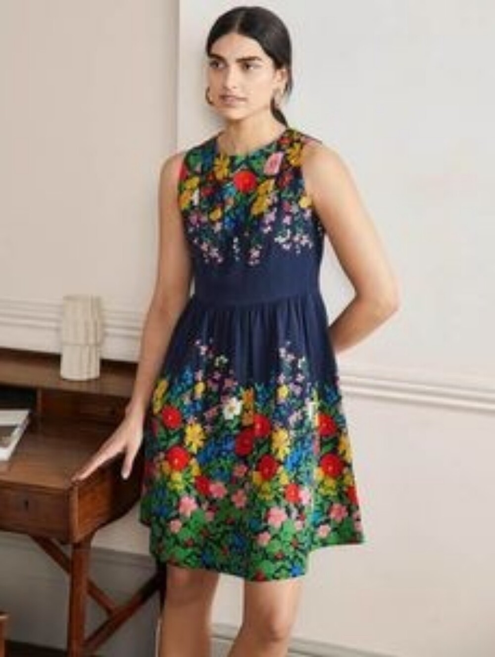 BODEN Tara Fit-and-Flare Dress-Navy, Botanical Terrace